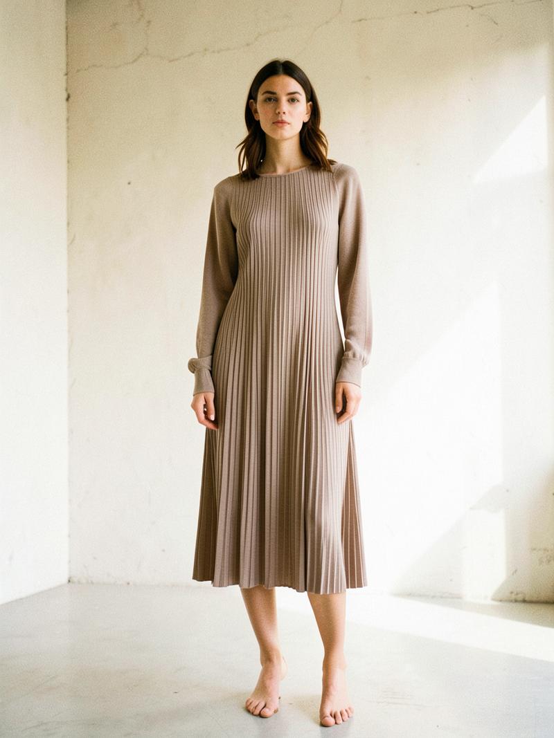 Lena Pleated Midi — Taupe knife pleats with a full sleeve.