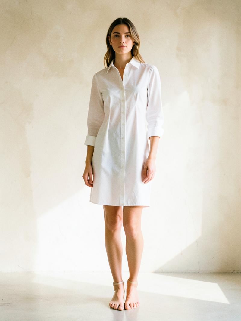 Vera Poplin Dress — Crisp white poplin, A-line, above the knee.